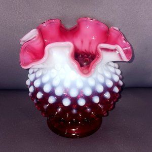 Vintage Fenton Cranberry Opalescent Hobnail Ruffle Top Bud Vase